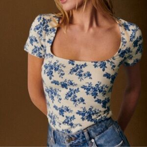 Sézane Blue Floral Cream Top